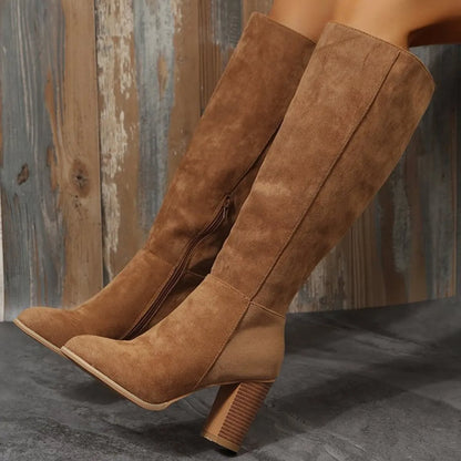 Point Toe Block Heels Boots Khaki