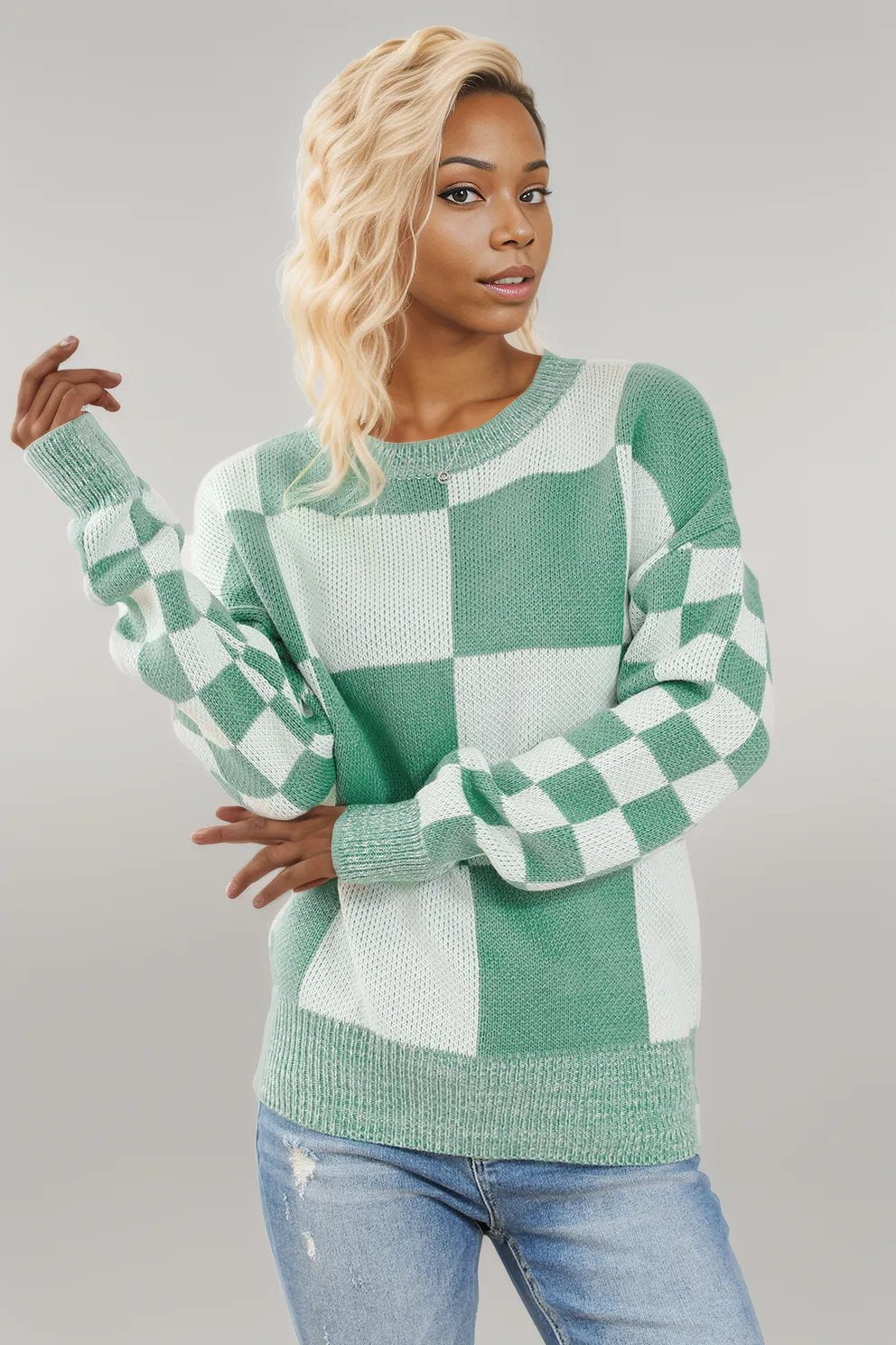 Checkered Drop Shoulder Long Sleeve Sweater