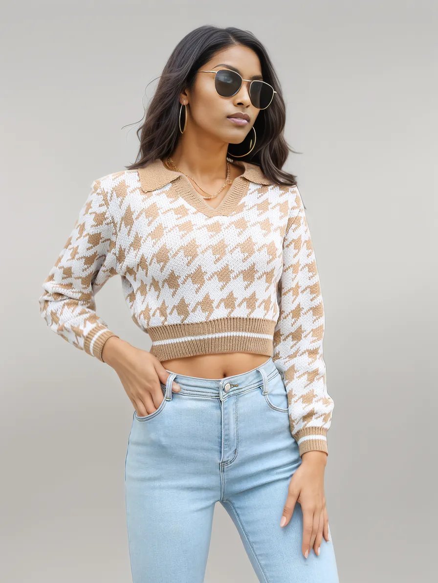 Houndstooth Johnny Collar Cropped Sweater