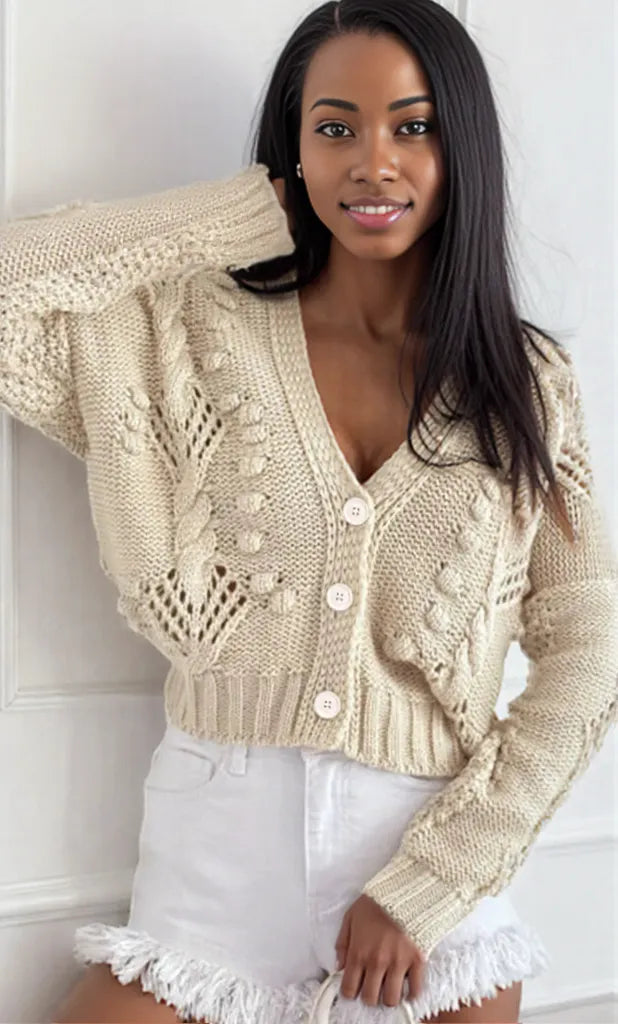 Chunky Cropped Button-Up Sweater Cardigan Beige
