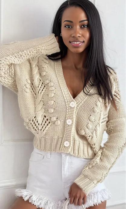 Chunky Cropped Button-Up Sweater Cardigan Beige
