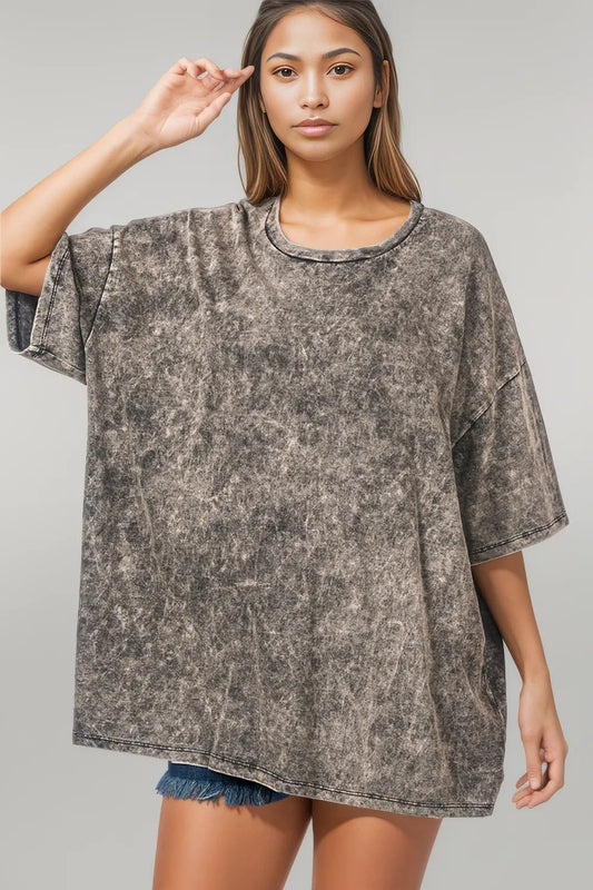 Zenana Washed Round Neck Drop Shoulder Oversized T-Shirt Ash Black