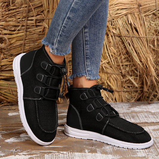 Lace-Up Round Toe Flat Sneakers Black