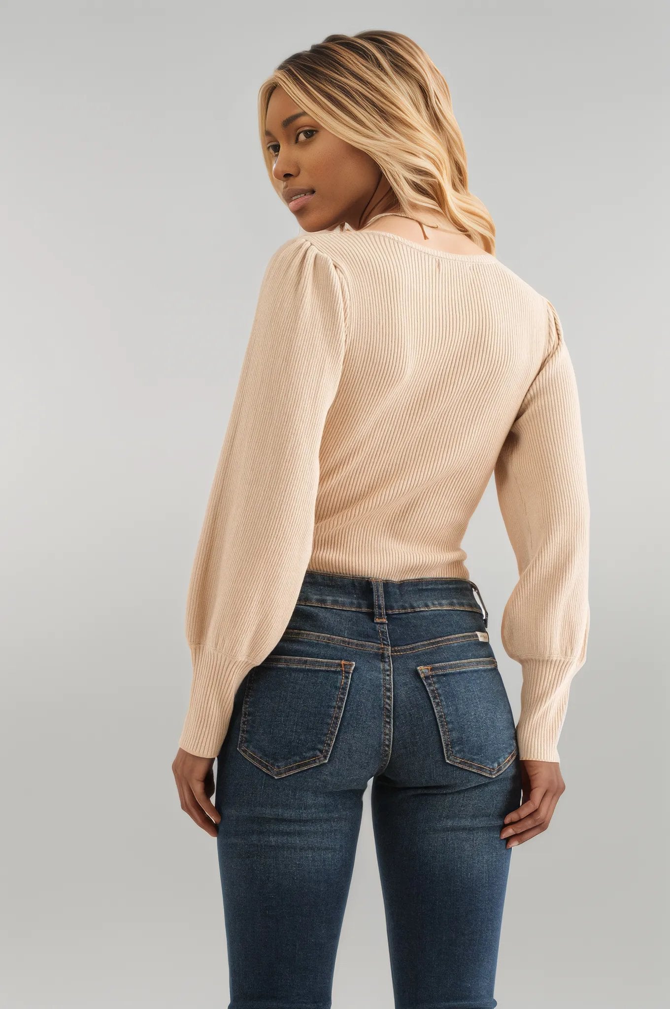 And The Why Ribbed Round Neck Puff Sleeve Bodysuit