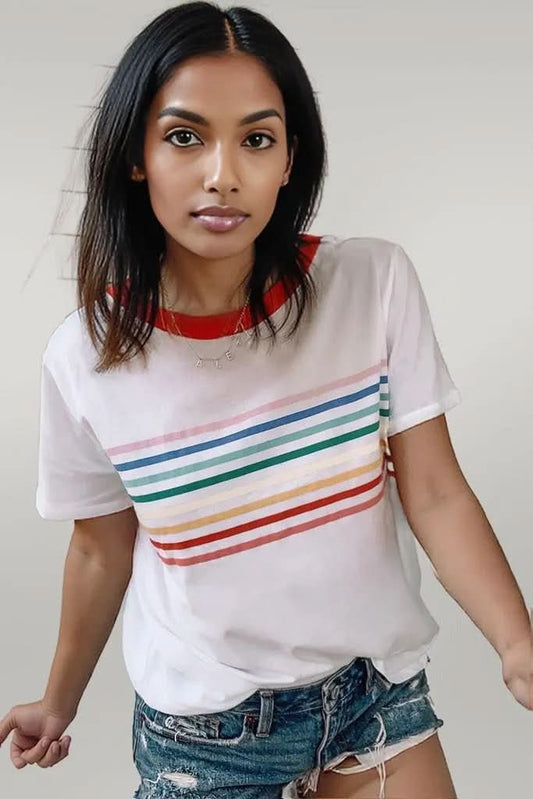 White Rainbow Stripe Print Contrast Crewneck T Shirt