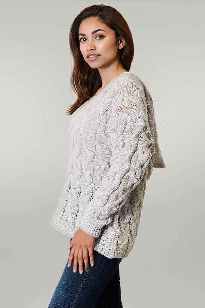 Woven Right Cable-Knit Hooded Sweater