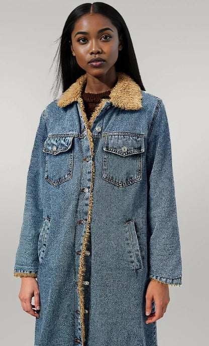 Pocketed Button Up Denim Jacket with Fur Lining