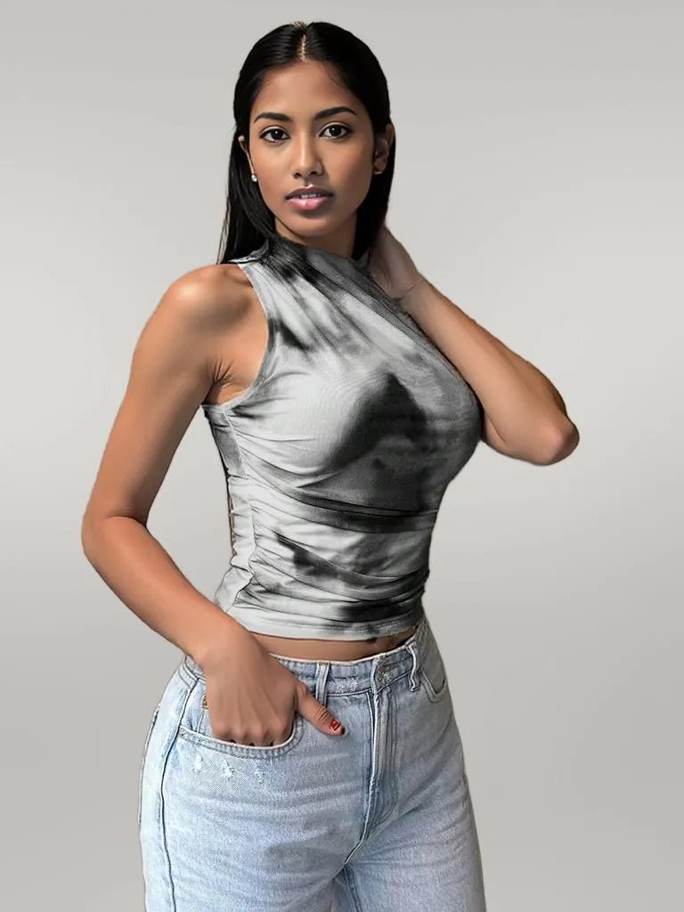 Printed Mock Neck Ruched Tank