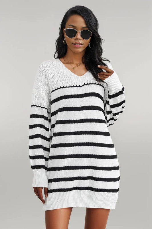 Striped V-Neck Drop Shoulder Sweater Dress White