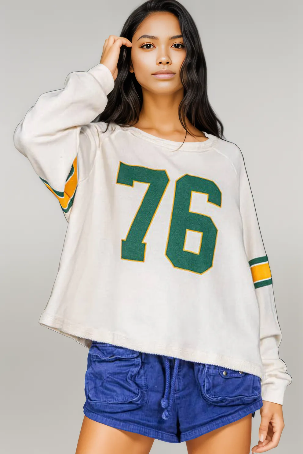 White Number 76 Printed Retro Sporty Long Sleeve Top