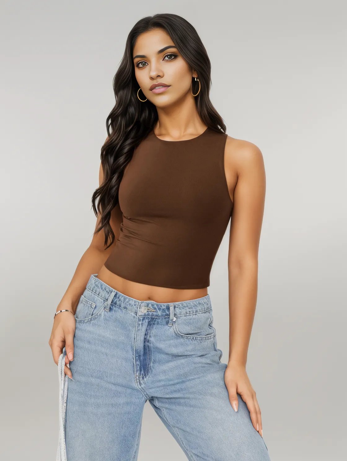 Round Neck Cropped Tank Chocolate