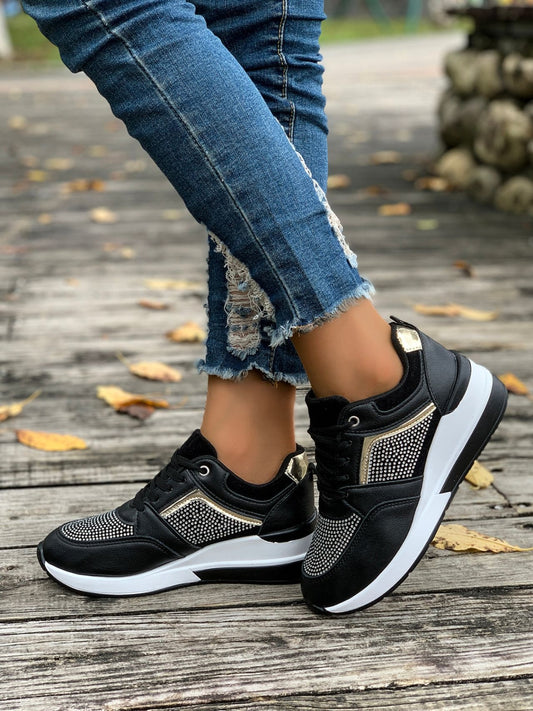 Lace-Up Rhinestone Wedge Sneakers Black