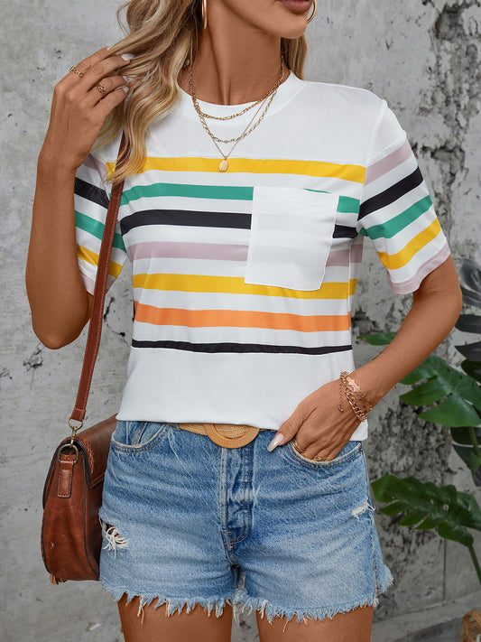 Perfee Striped Round Neck Short Sleeve T-Shirt White