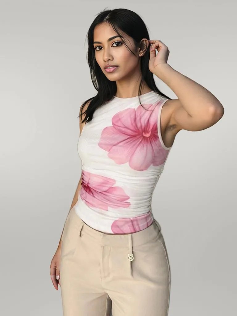 Printed Mock Neck Ruched Tank Blush Pink