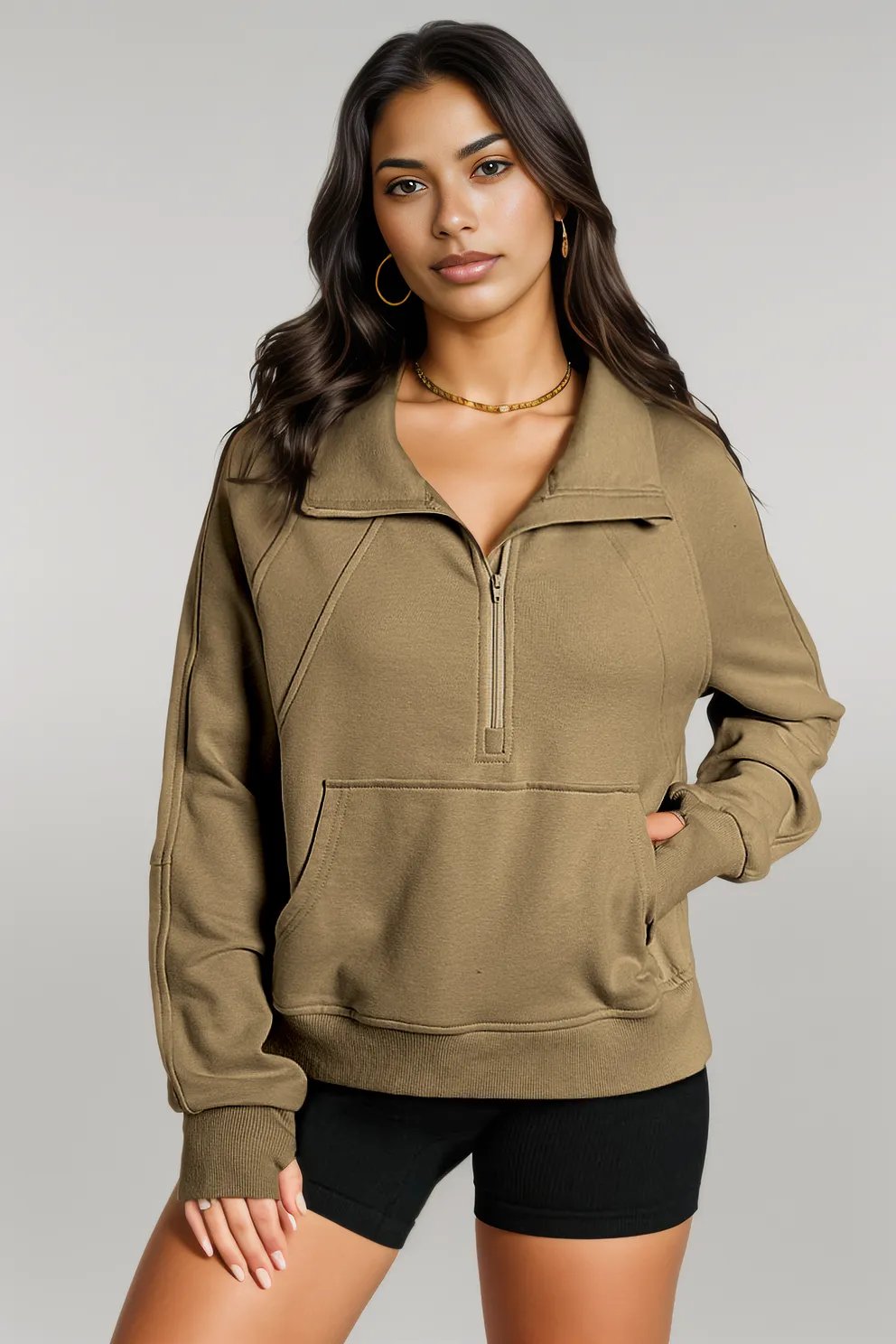 Black Quarter Zip Stand Neck Kangaroo Pocket Sweatshirt