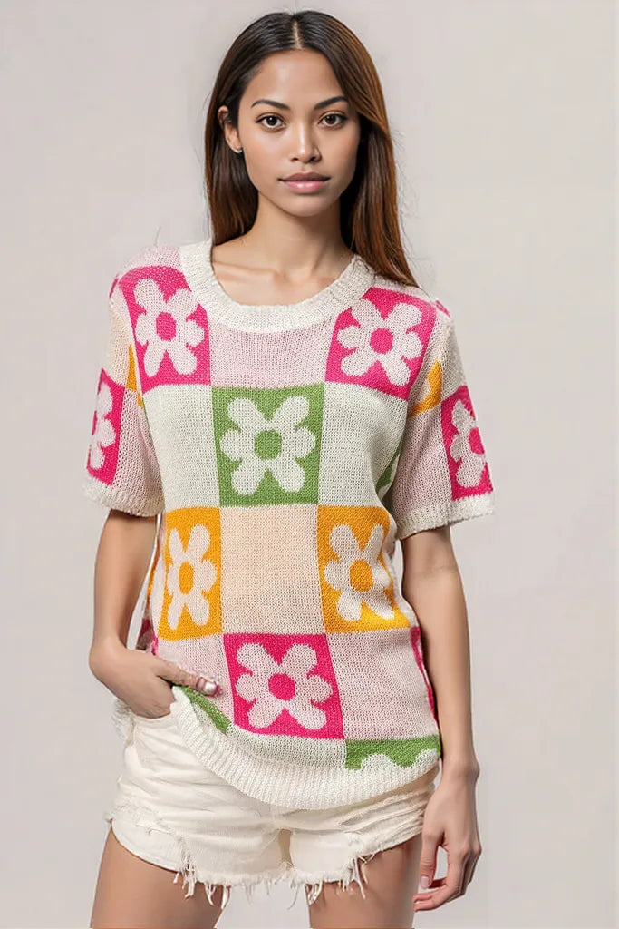 BiBi Flower Checker Pattern Lightweight Sweater Top