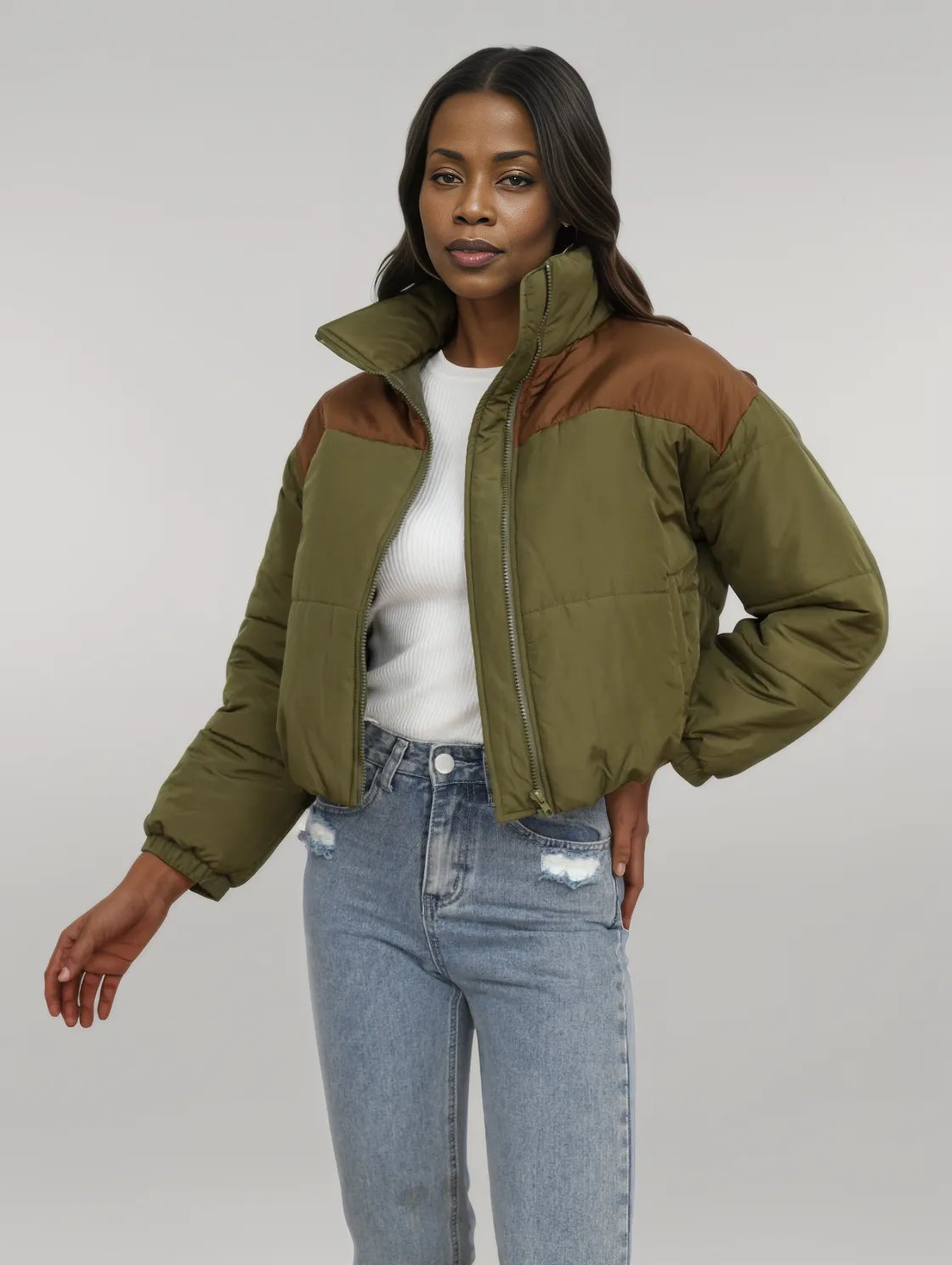 Two-Tone Zip-Up Puffer Jacket