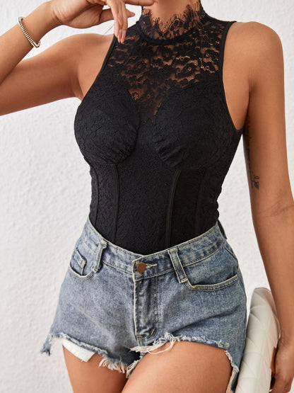 Perfee Mock Neck Sleeveless Lace Bodysuit Black