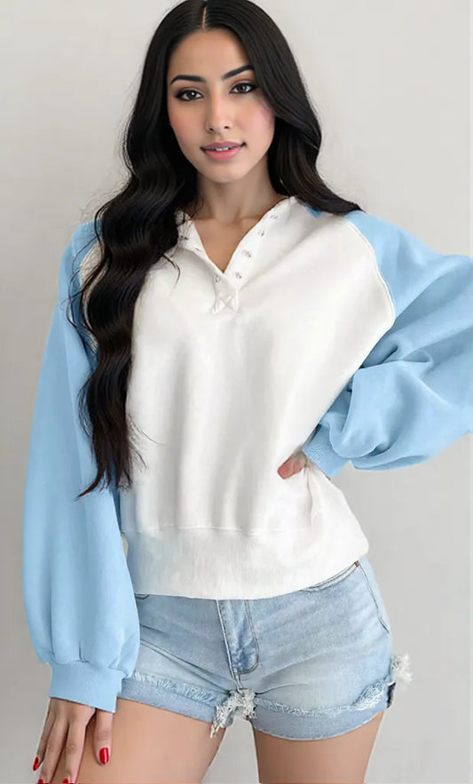 Color Block Snap Buttons Sweatshirt Pastel Blue