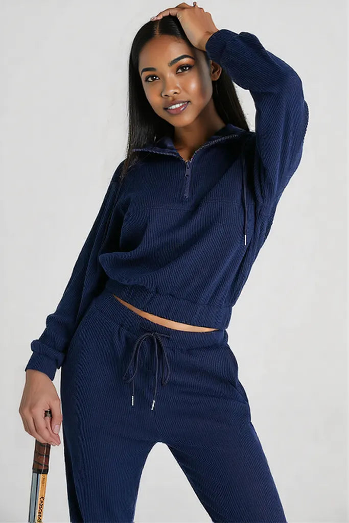 Drawstring Half Zip Hoodie and Joggers Active Set Navy