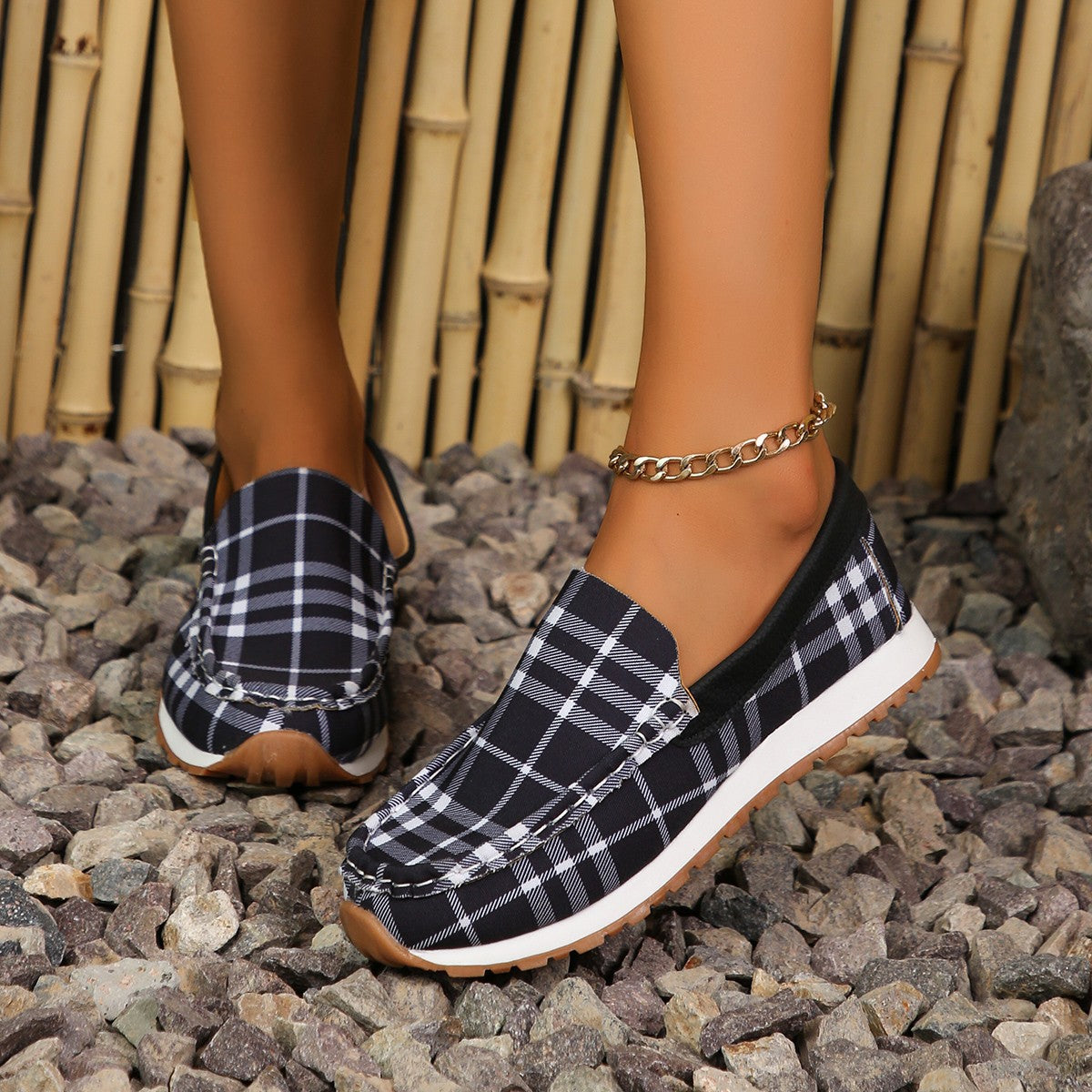 Plaid Round Toe Slip-Ons Black