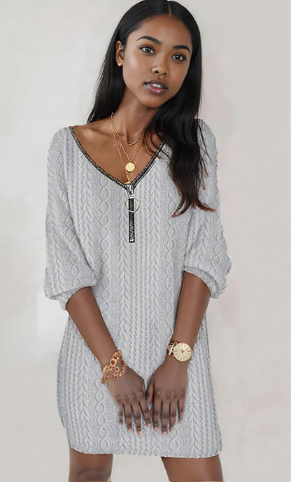 Zip Detail Textured Knit Mini Sweater Light Gray