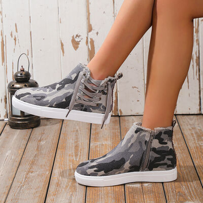 Lace-Up Round Toe Canvas Boots with Side Zip