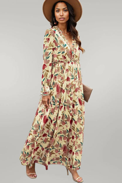 Floral Frill Trim Flounce Sleeve Plunge Maxi Dress