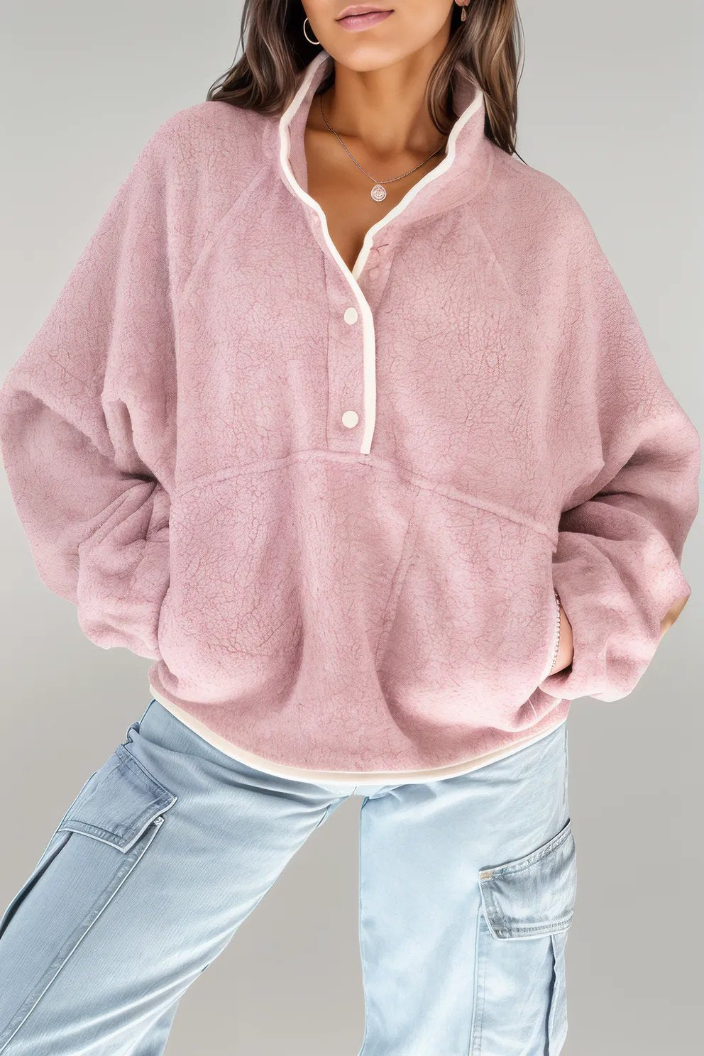 Half Snap Long Sleeve Sweatshirt with Side Slit Pockets