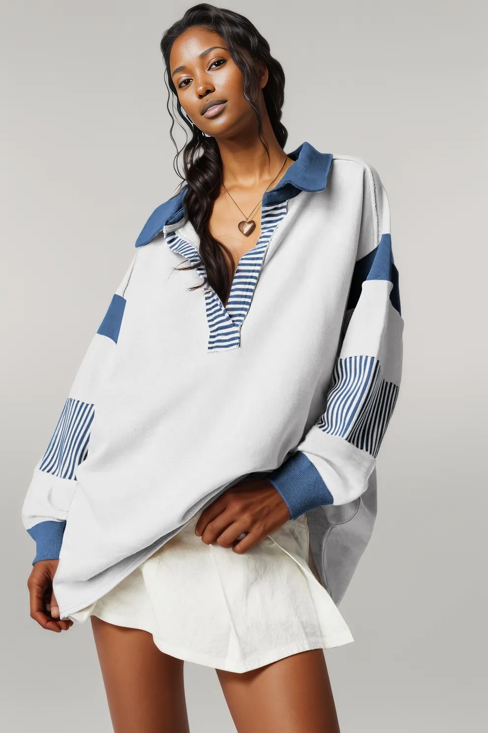 Black Striped Colorblock Patchwork Collar Sweatshirt