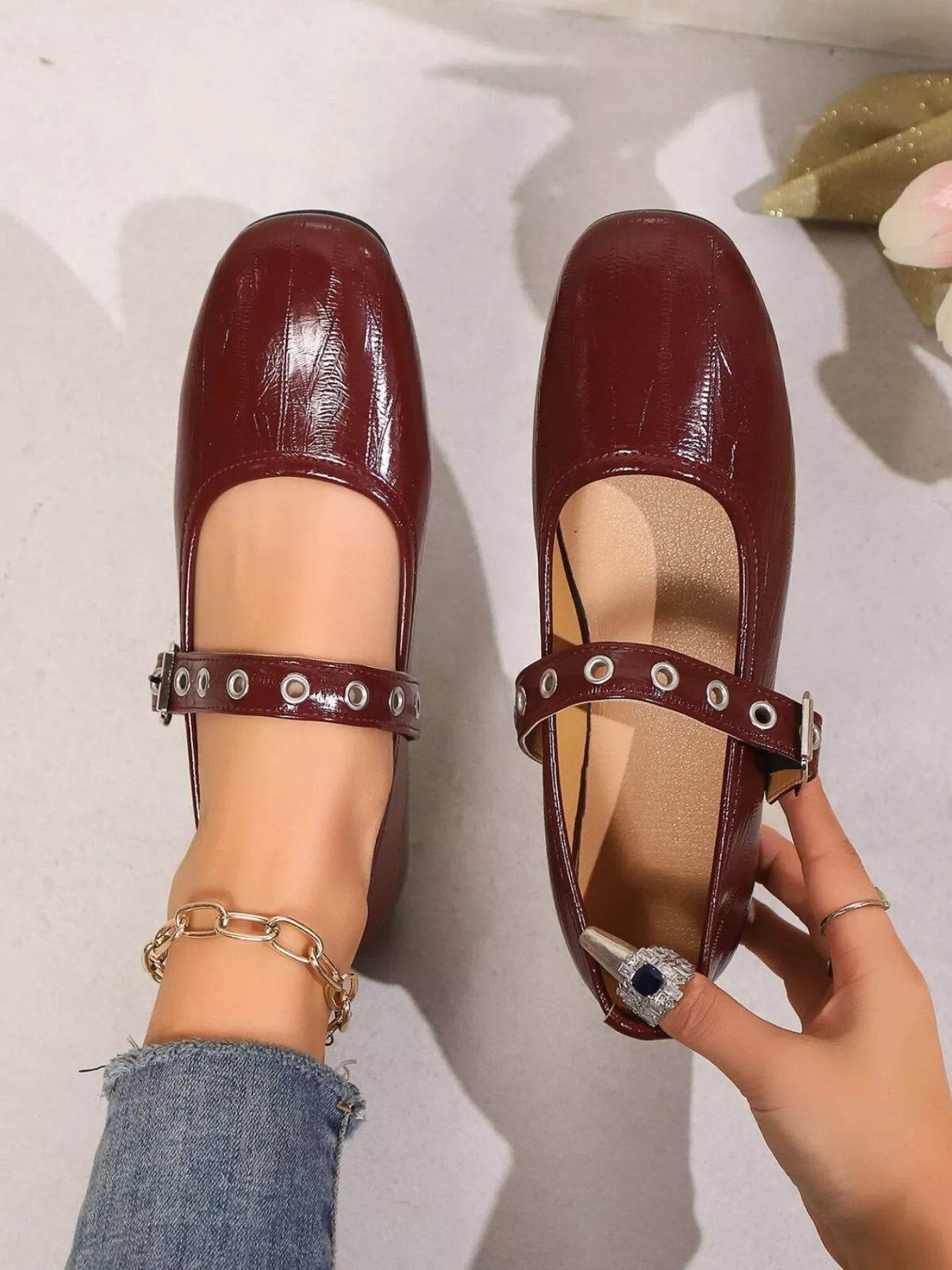 Round Toe Mary Jane Loafers Wine Red