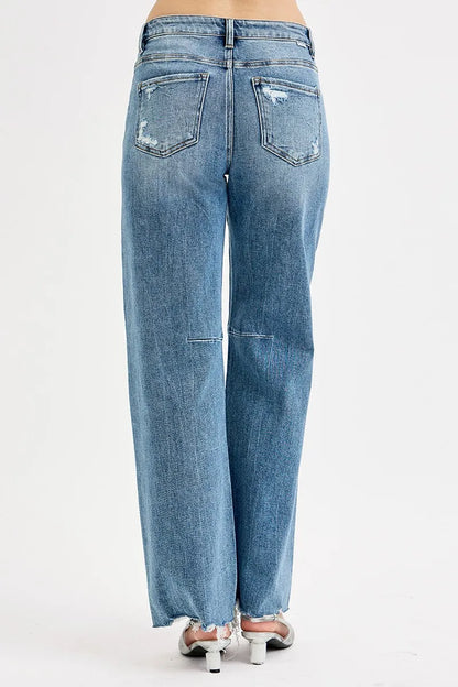 RISEN Full Size Mid Rise Fit Wide Baggy Leg Tie Washed Jeans