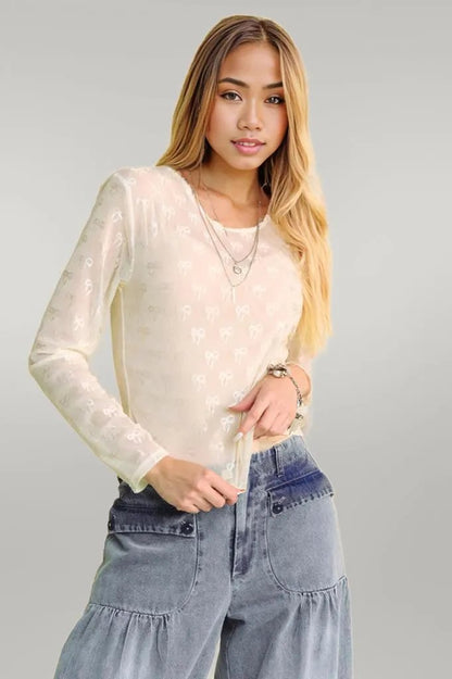 Davi & Dani Bow Mesh Round Neck Long Sleeve Top Cream