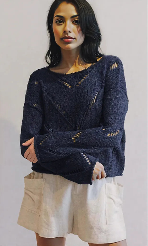 Openwork Boat Neck Long Sleeve Sweater Dark Navy