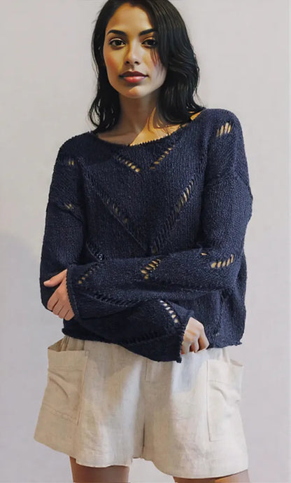 Openwork Boat Neck Long Sleeve Sweater Dark Navy