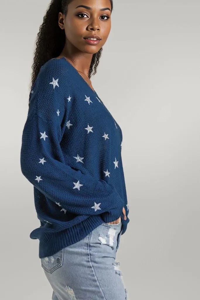 Umgee Full Size Star V-Neck Long Sleeve Sweater