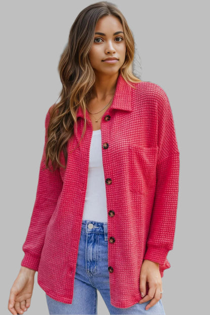 Waffle-Knit Collared Neck Dropped Shoulder Shirt