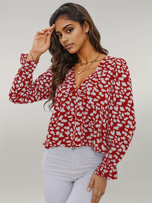 Honey Printed V-Neck Flounce Sleeve Blouse Deep Red