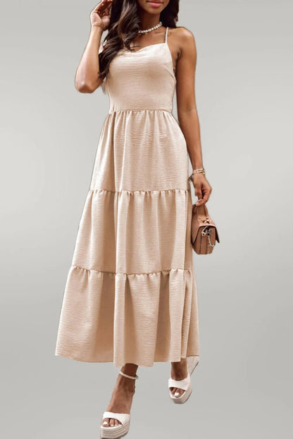 Oatmeal Crossover Backless Bodice Tiered Maxi Dress