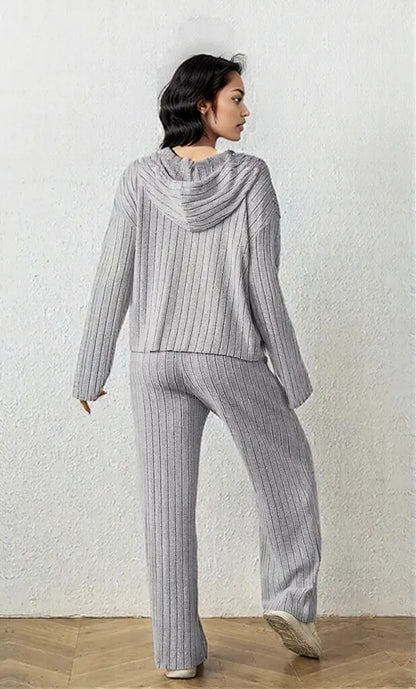 Ribbed Drawstring Hoodie and Pants Set