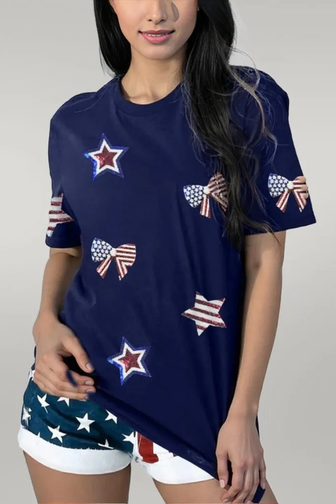 Sequin Star Round Neck Short Sleeve T-Shirt