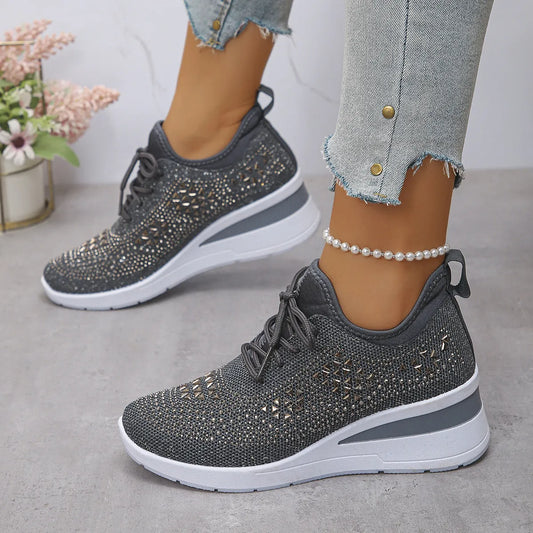 Breathable Mesh Rhinestone Wedge Athletic Sneakers Gray