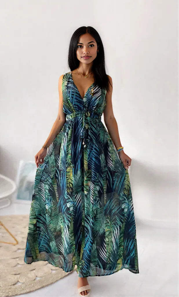 Leaf Print Sleeveless Maxi Dress French Blue