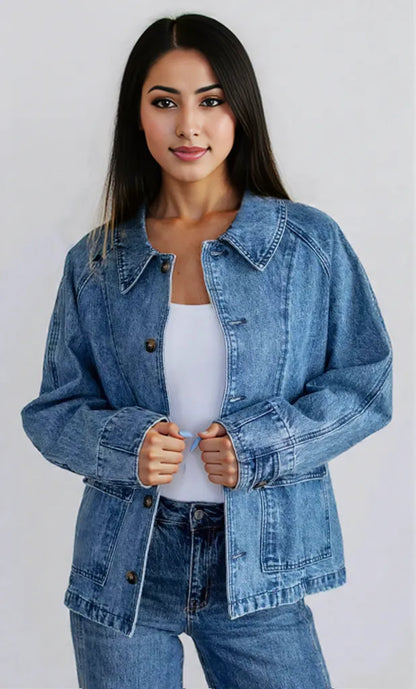 Button Up Raglan Sleeve Denim Jacket