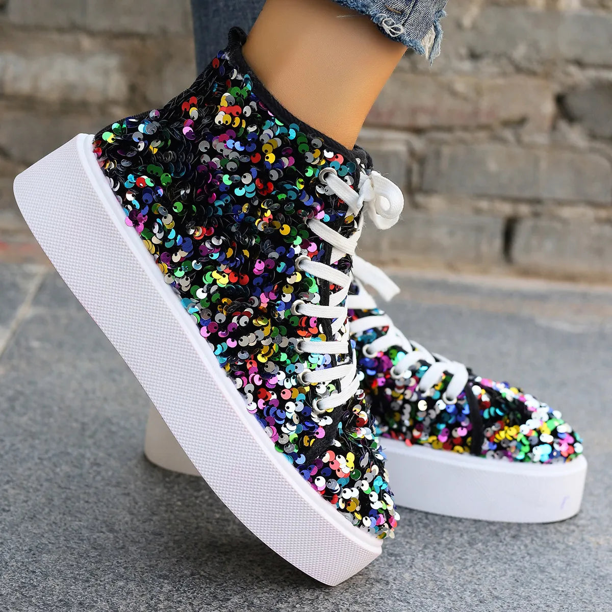Sequin Round Toe Platform Sneakers