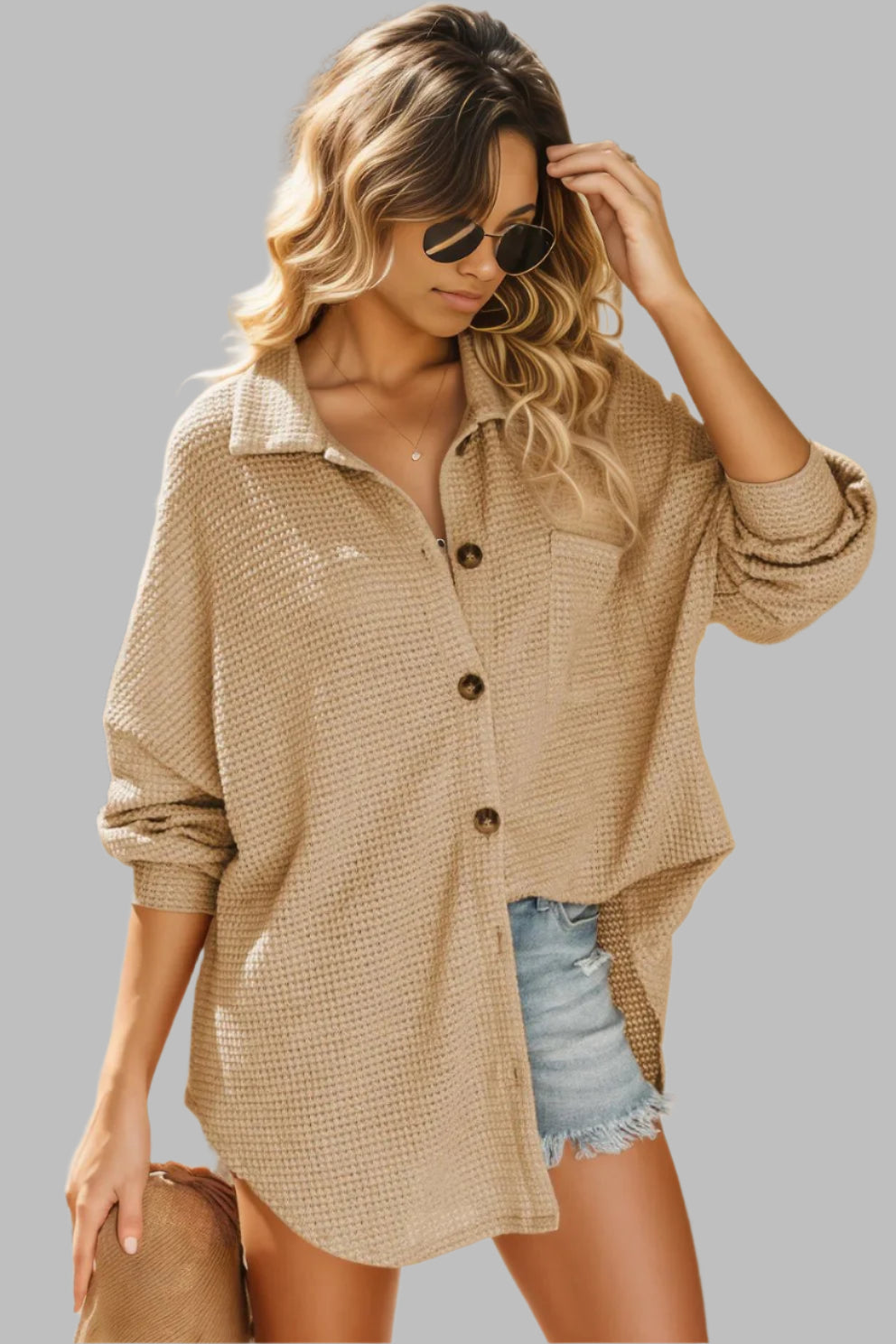 Waffle-Knit Collared Neck Dropped Shoulder Shirt