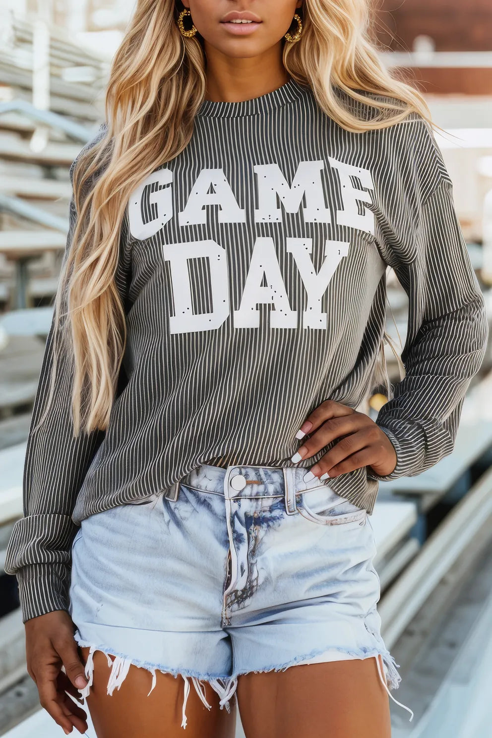 GAME DAY Striped Round Neck Long Sleeve Top - Tops/Sweatshirts & Hoodies - Trendsi