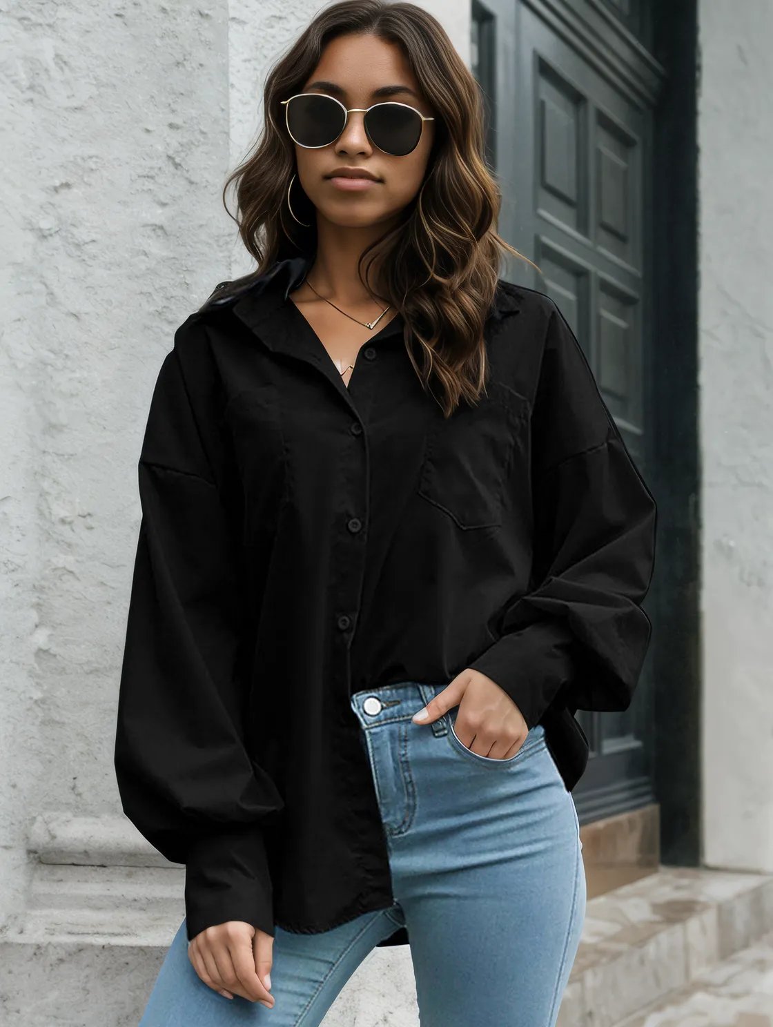 Button Up Dropped Shoulder Lantern Sleeve Shirt