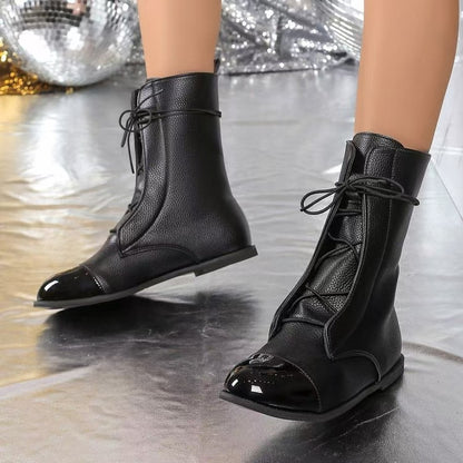 Contrast Lace Up Point Toe Boots Black