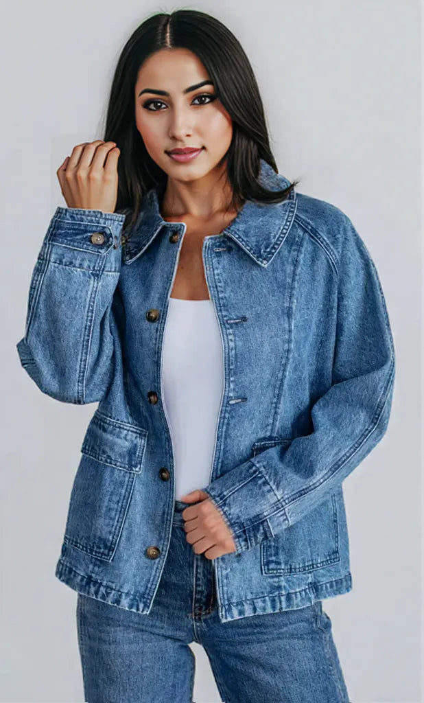 Button Up Raglan Sleeve Denim Jacket